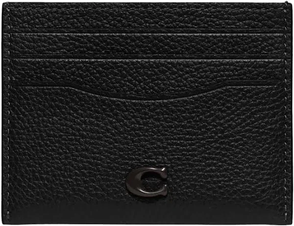 Coach Flat Card Case in Pebble Leather W/Sculpted C Hardware Branding Black O...