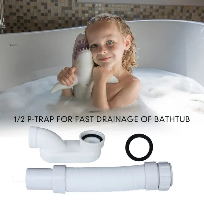 Bathtub Shower Drain Pipe, Low Profile Flat 1 1/2 P Trap Kit, Flexible Freestanding Tub Drain for Bath