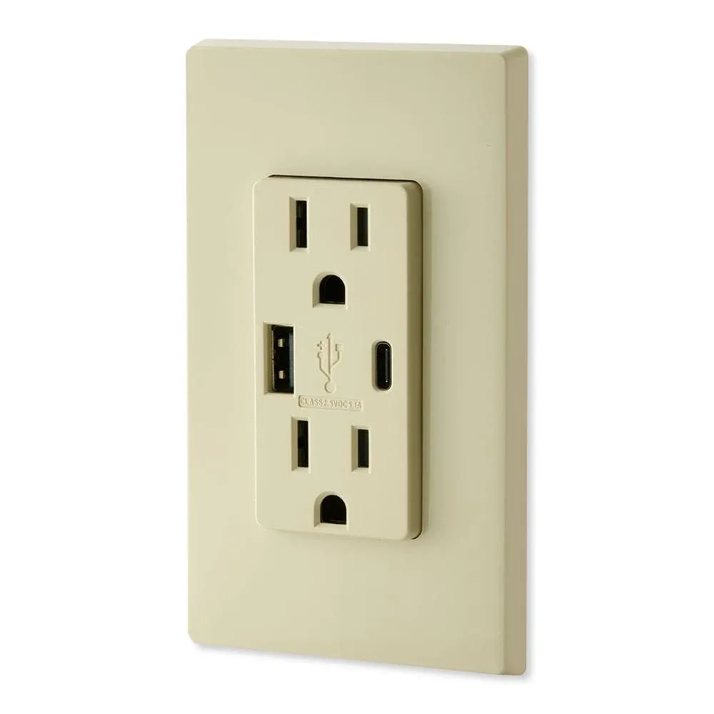 Leviton Decora USB Charger 15A Receptacle 5.1A Type A/Type-C, Ivory