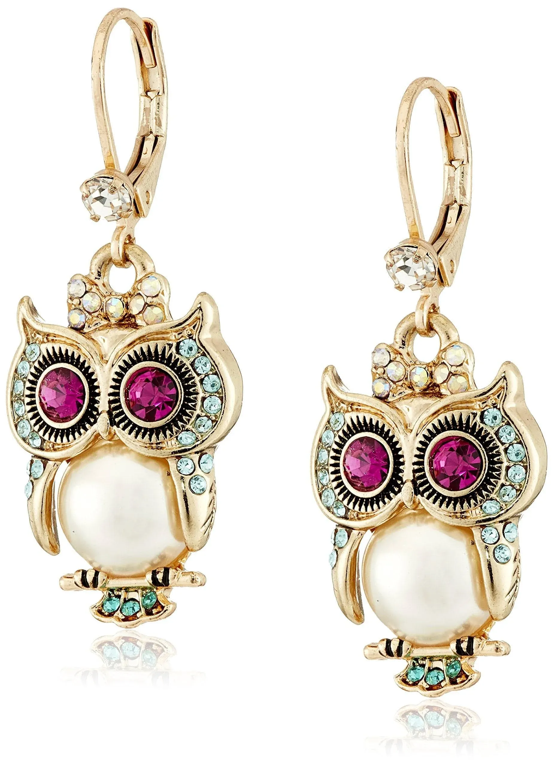 Trendy Owl Designer Fashion Pink and Green Rhinestone Goldplated Earrings 1.42&quot;