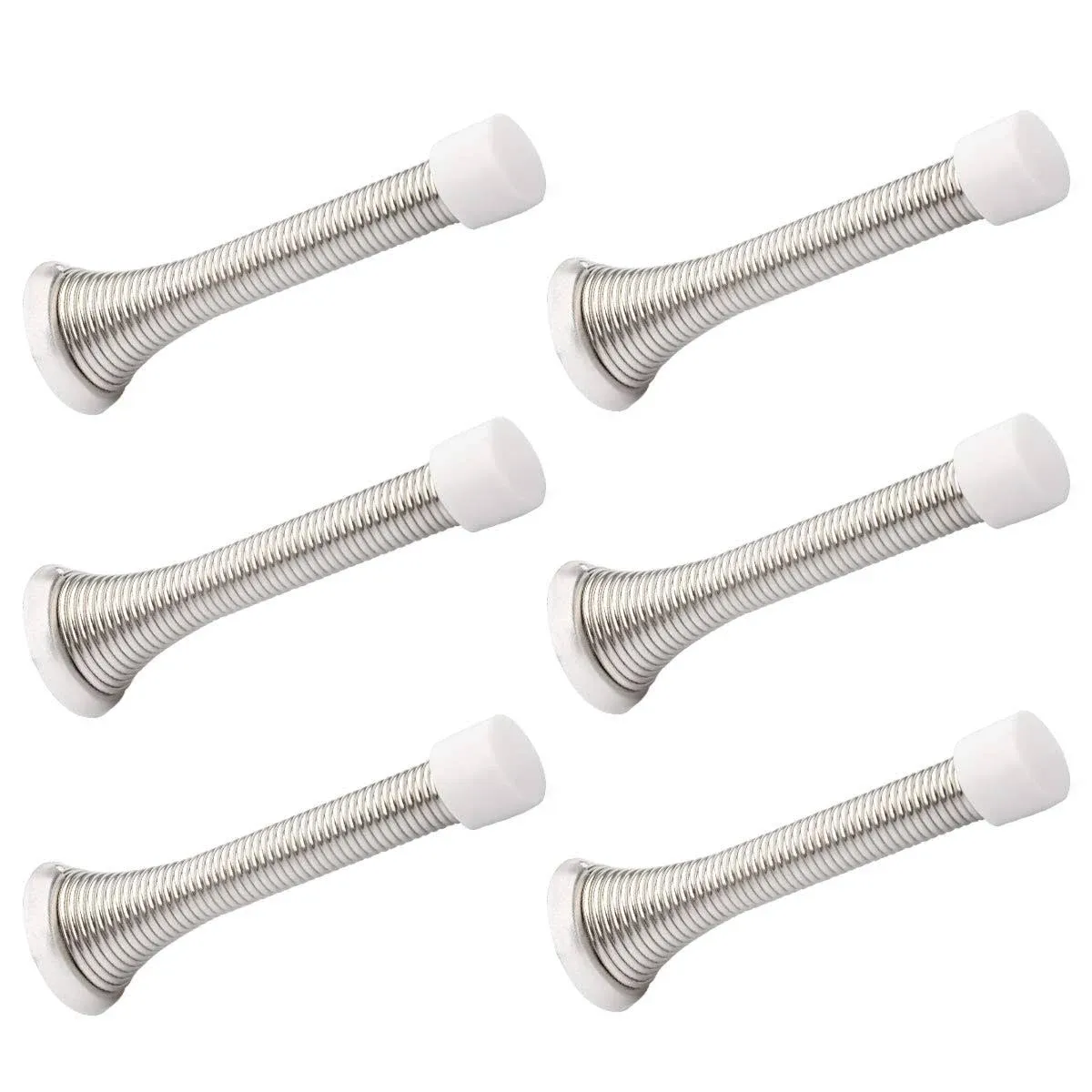 6 Pack Spring Door Stopper Brushed Satin Nickel- 3-1/4" Flexible Spring Door Stops with White Rubber Bumper Tips