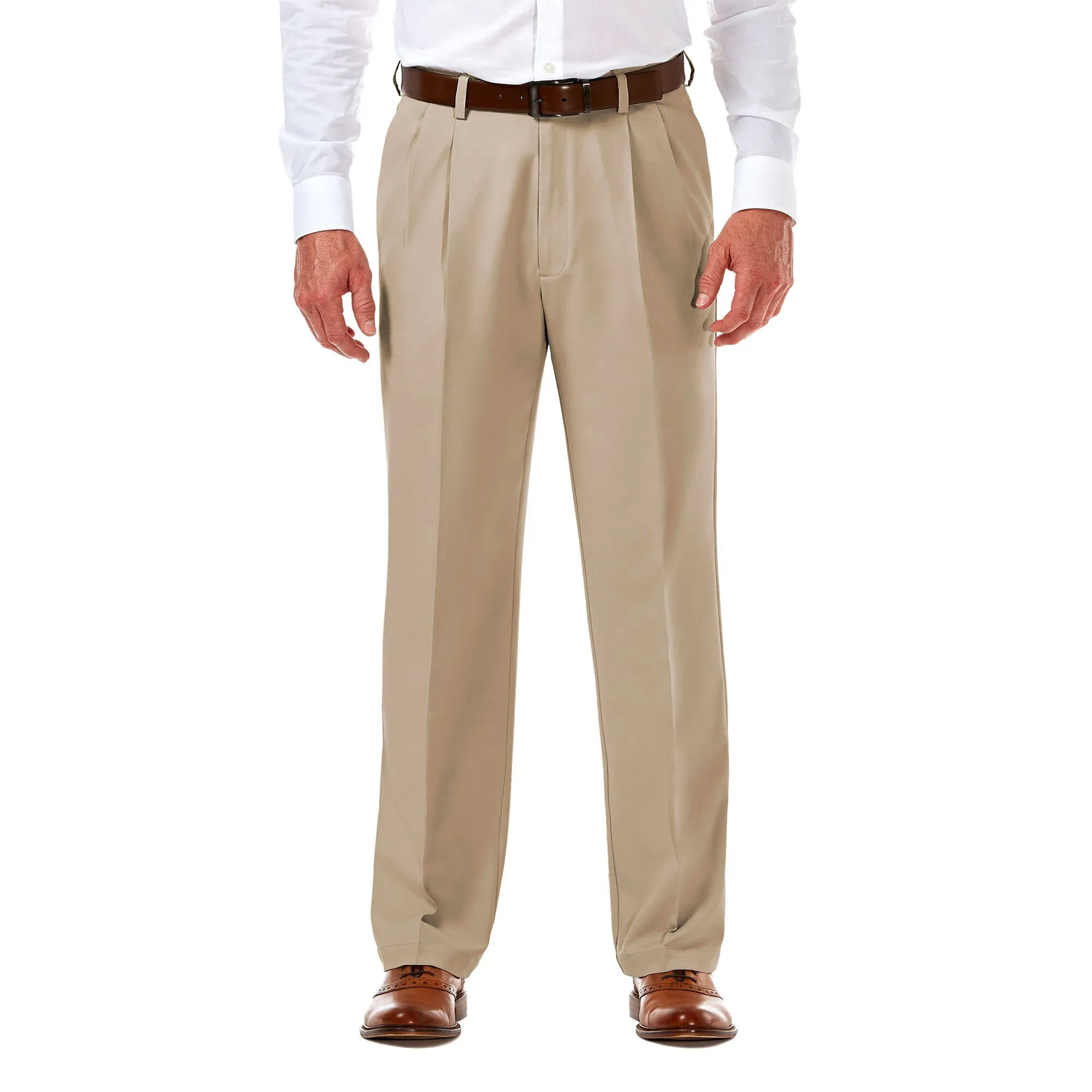 Men's Haggar Cool 18 PRO Classic-Fit Wrinkle-Free Pleated Expandable Waist Pants - Khaki - 40X32