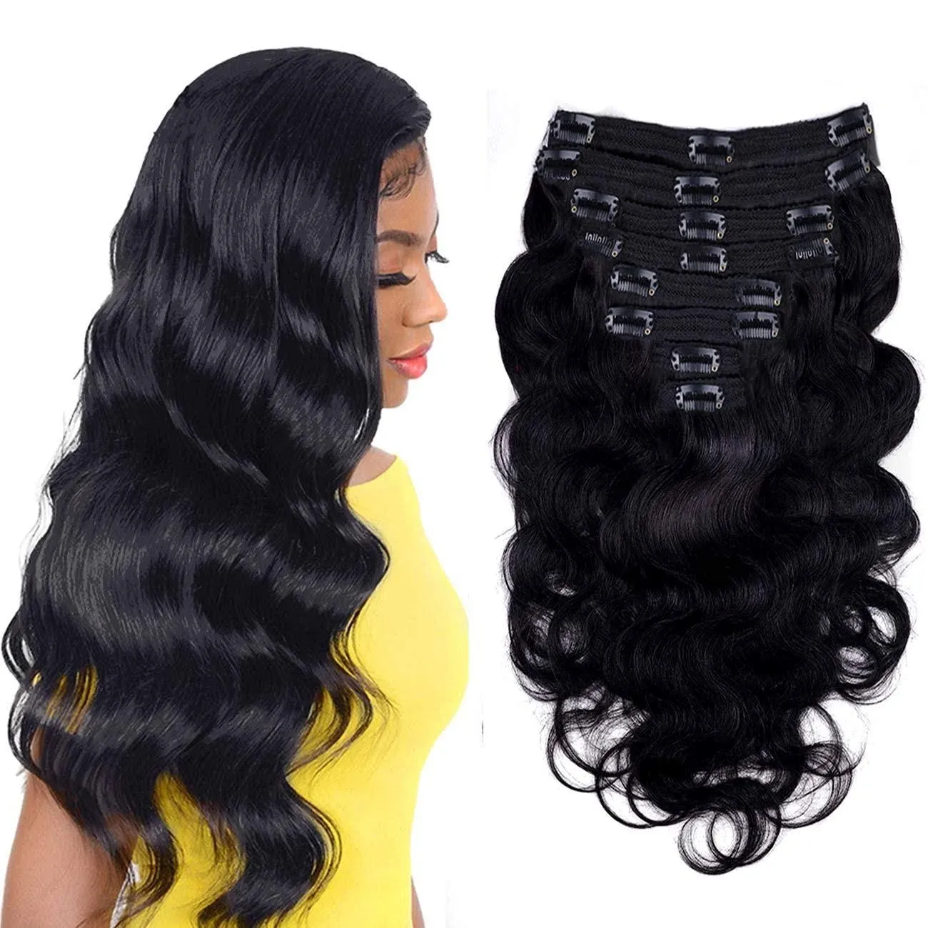 Body Wave Clip in Hair Extensions for Black Women Body Wave Human Hair Clip in Hair Extensions Natural Black Color Full Head Brazilian Virgin Hair，8/Pcs with 18Clips,120 Gram (18inch, Body hair)