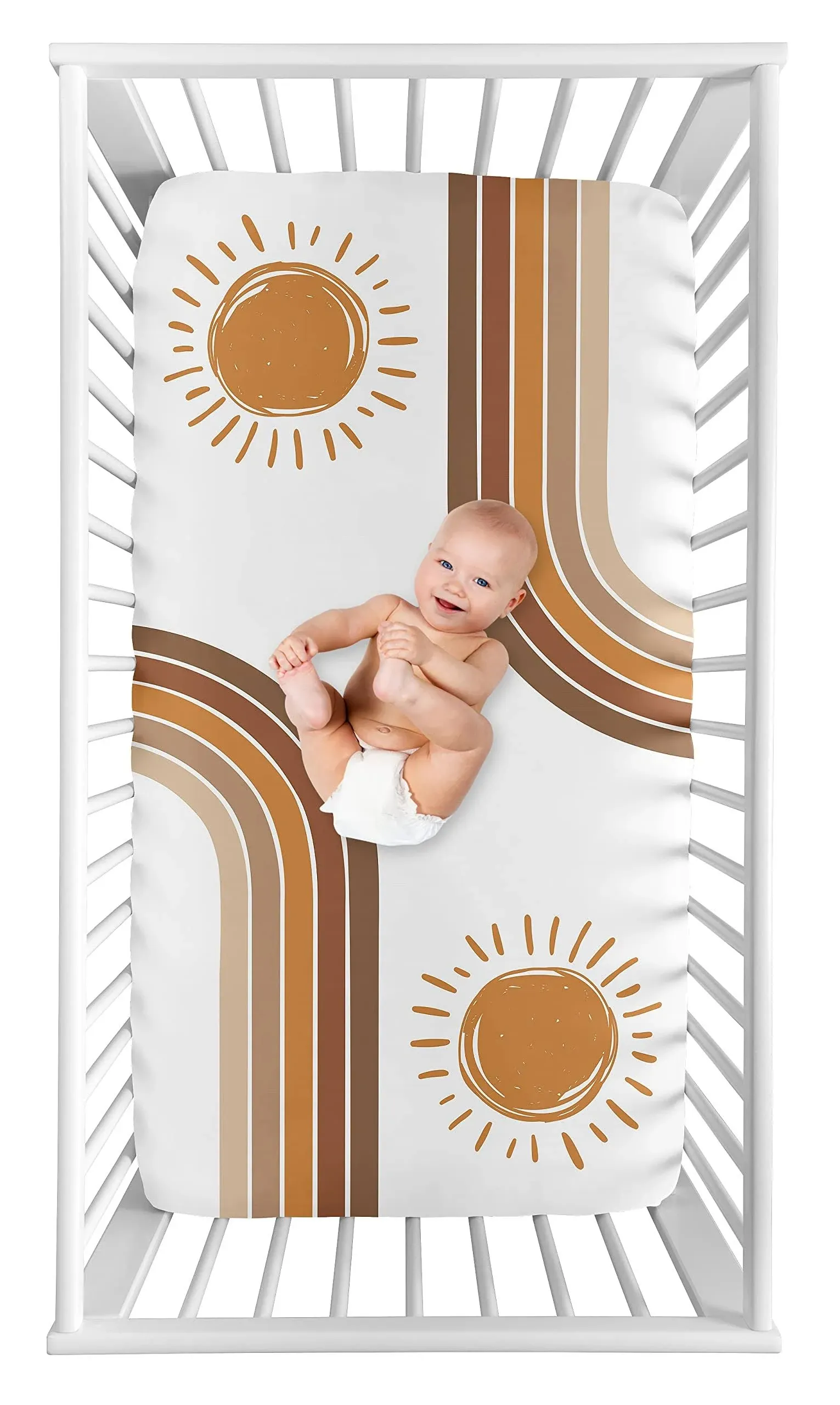 Sweet Jojo Designs Rainbow Vintage Boho Sun Boy Girl Fitted Crib Sheet Baby Toddler Nursery Photo Op Pumpkin Rust Orange Taupe Brown and White Bohemian Sunshine Minimalist Gender Neutral Retro Arches