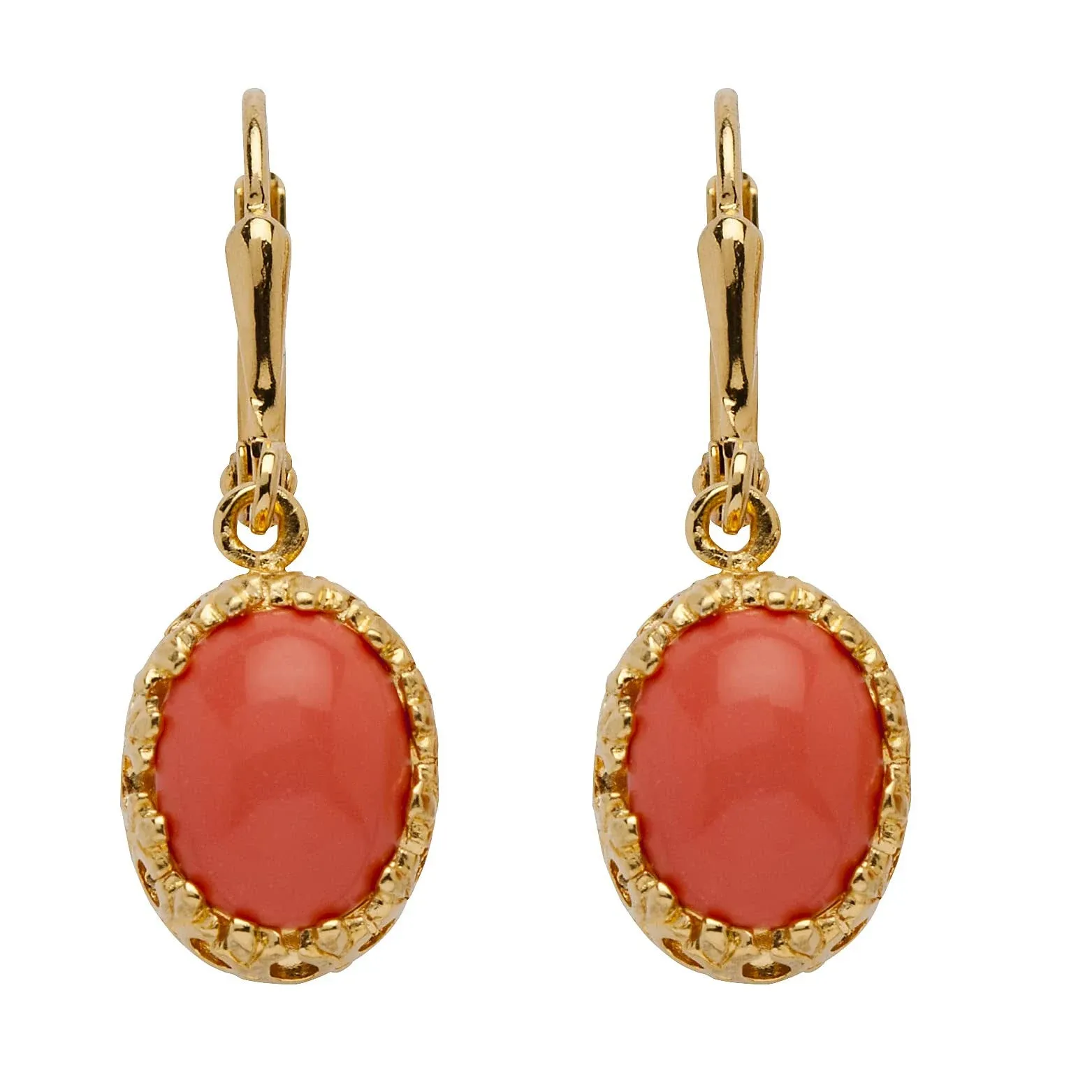 Orange Oval Simulated Coral Yellow Gold-Plated Cabochon Filgree Drop Earrings