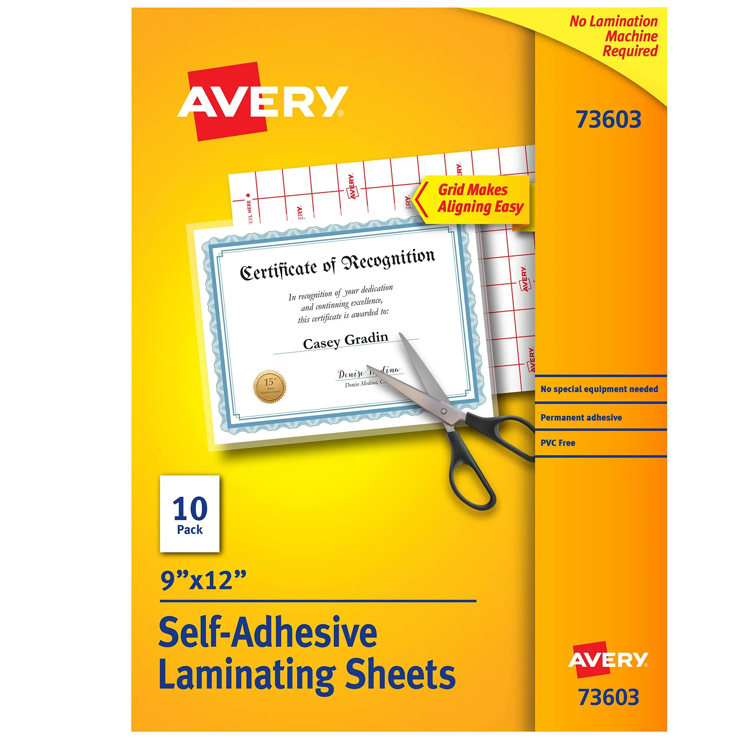 Avery® Clear Self-Adhesive Laminating Sheets, 3 mil, 9" x 12", Matte Clear, 10/Pack