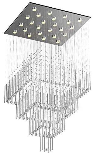 7PM Foyer Chandeliers Entryway High Ceiling, 12-Light Square Raindrop Crystal Chandeliers, Flush Mount Ceiling Light Fixtures, Dimmable, Adjustable Color Temperature, Modern Chandeliers for Staircase