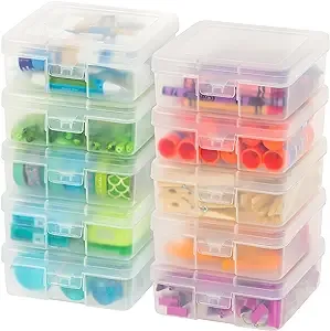 IRIS USA Plastic Pencil Case Box Craft Hobby Art School Supply Storage Organizer Container with Latching Lid, 10-Pack, for Bead Pens Ribbons Wahi Tape Sticker Yarn Ornaments, Stackable, Clear, Small