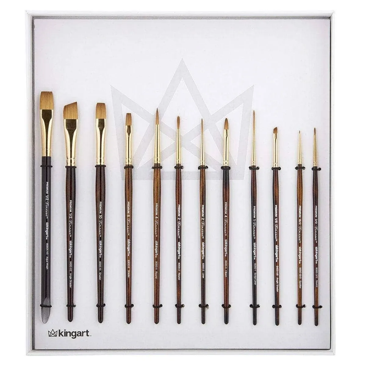 KINGART 1010F Premium 12 Pc. Finesse Series Watercolor Artist Brush Set, Synthetic Kolinsky Sable Blend, Assorted Short Handle Flats, Rounds, Liners,