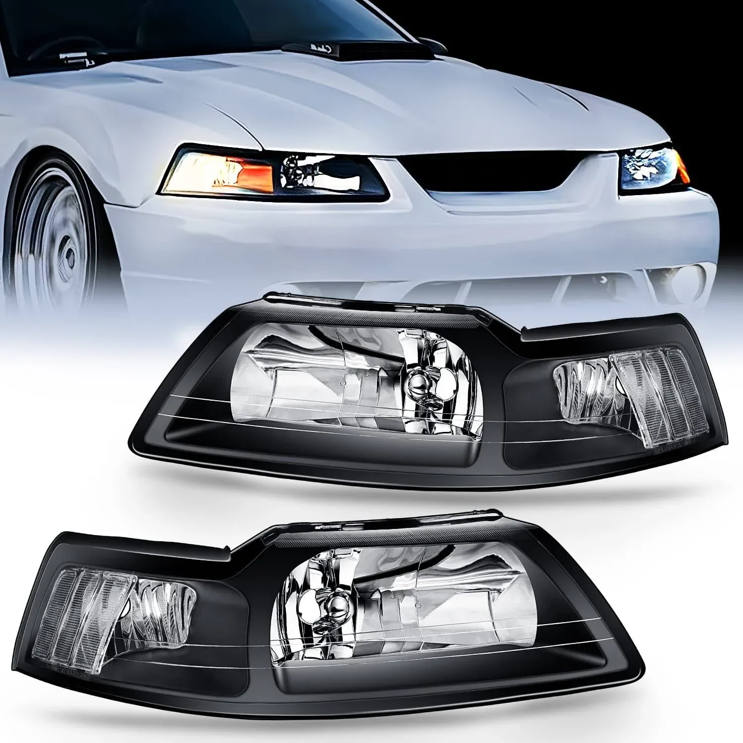 Nilight Headlight Assembly for 1999 2000 2001 2002 2003 2004 Ford Mustang Headlamps Replacement Black Housing Clear Reflector Driver and Passenger Side