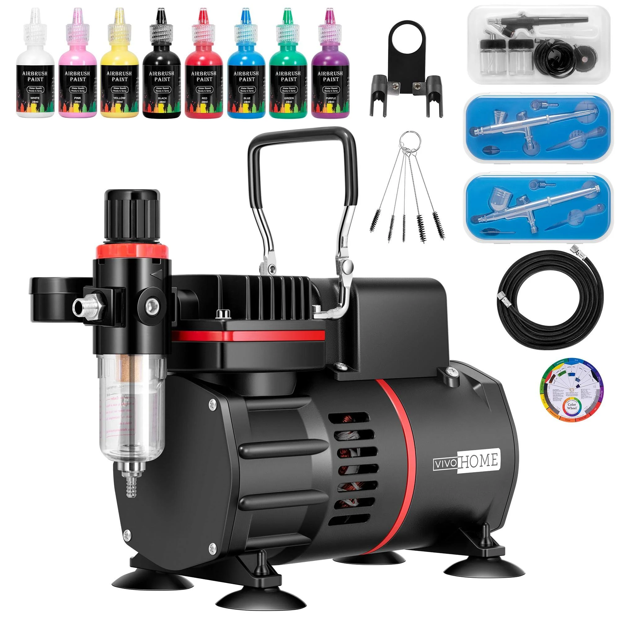 VIVOHOME Airbrush Kit with Dual Fan Air Compressor and 3 Dual Action Airbrush Gun, Gravity and Siphon Feed, Quiet Air Brush Set with 8 Primary Opaque Colors, Cleaning Brush, 2 Cup