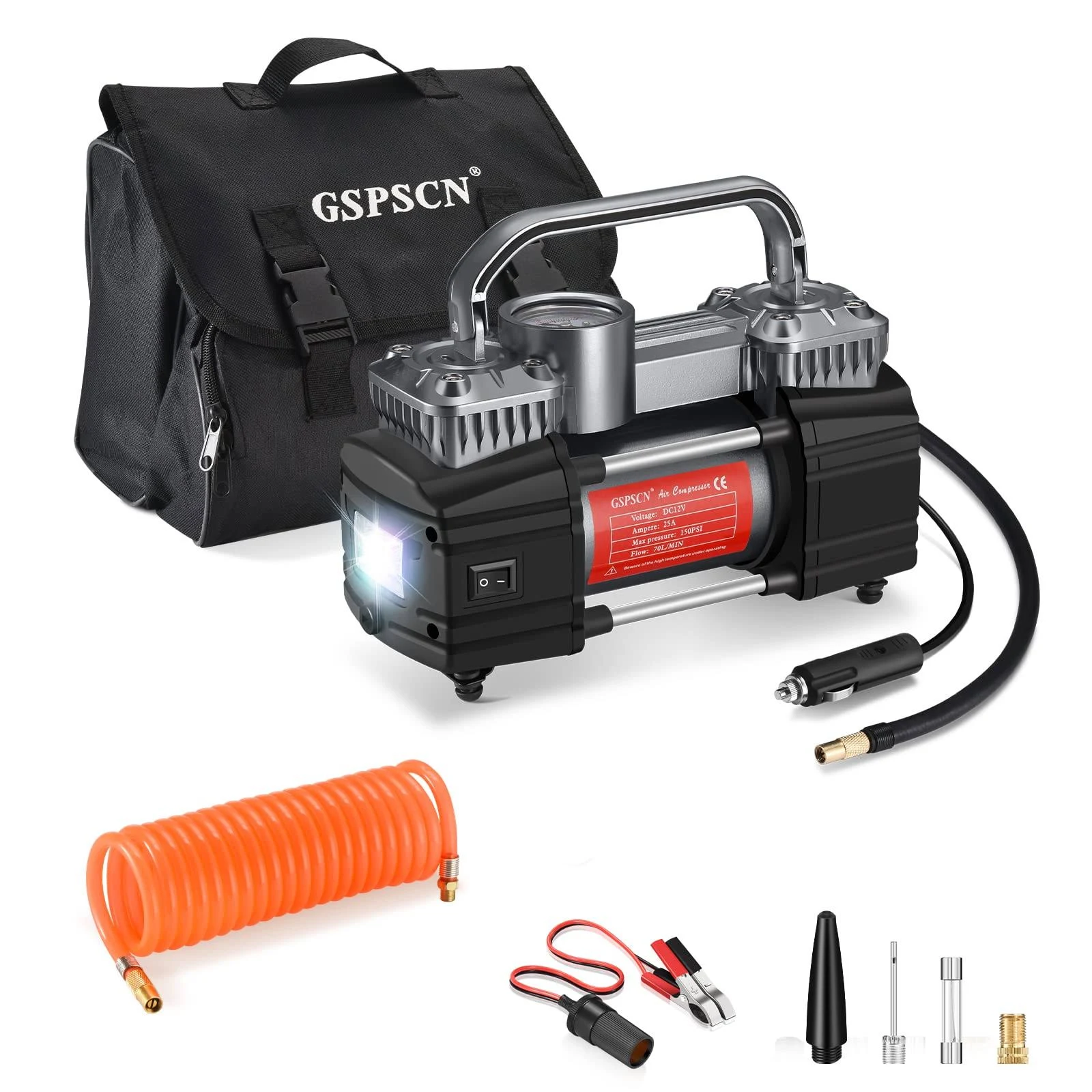 GSPSCN Dual Cylinder DC 12V Air Compressor for Car, Heavy Duty Portable Tire ...