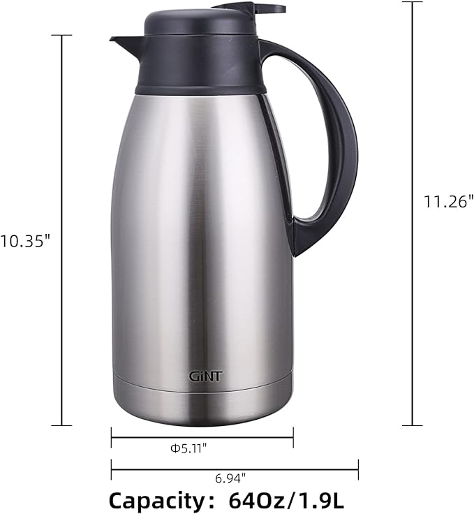 Gint Thermal Coffee Carafe with Lid 65 oz Large Double Walled Vacuum Insulated, Black