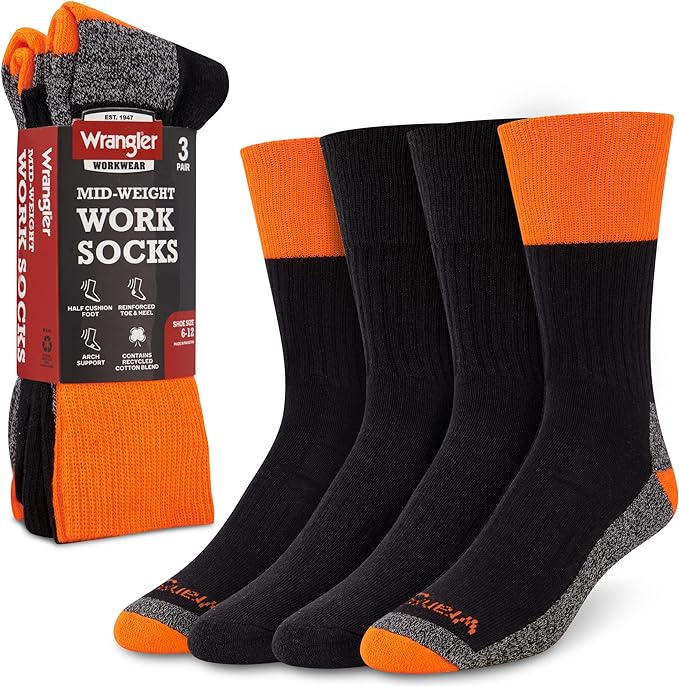 Wrangler Workwear Men&#039;s Mid-Weight Work Socks Black Neon Orange Accent 3-Pair