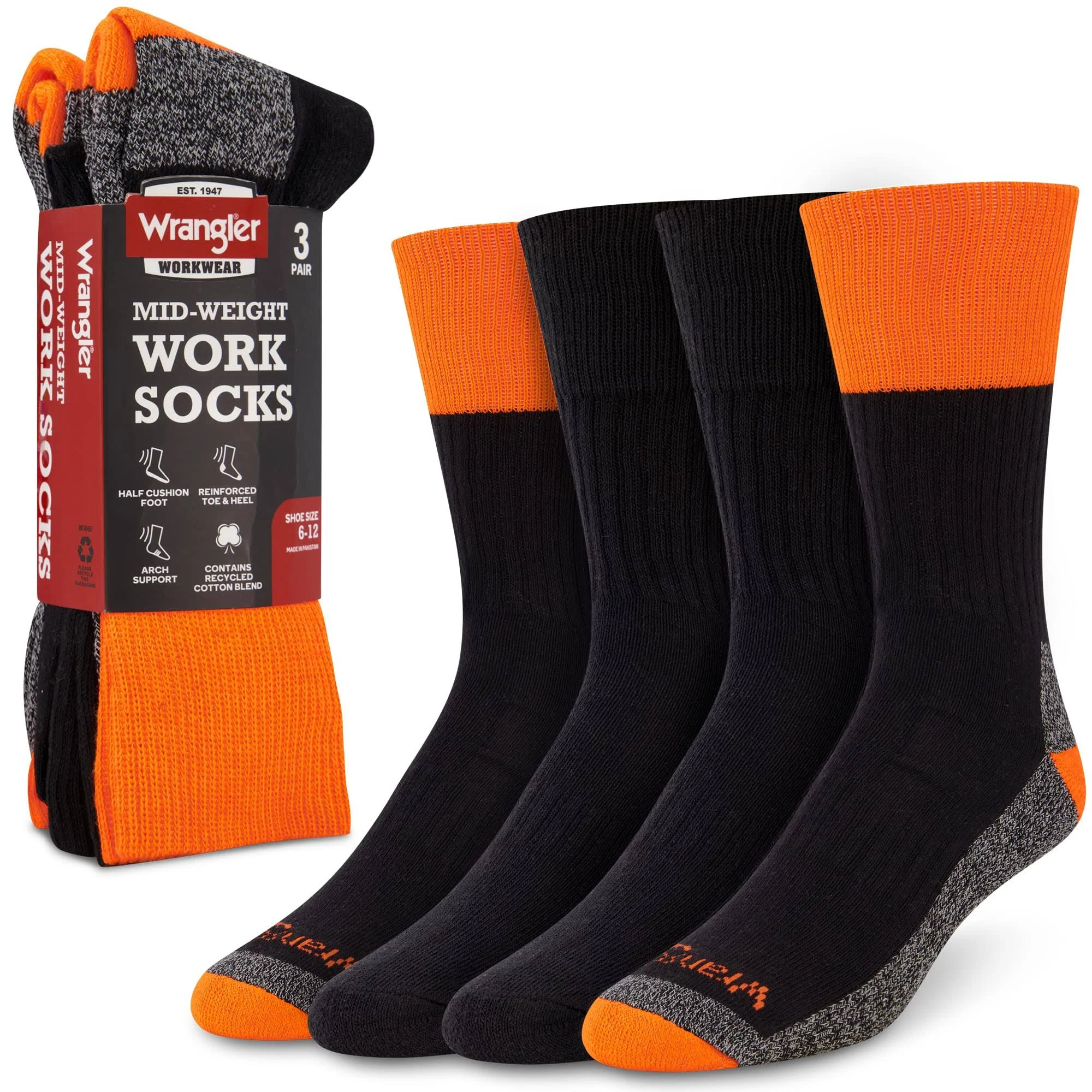 Wrangler Workwear Men&#039;s Mid-Weight Work Socks Black Neon Orange Accent 3-Pair