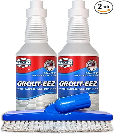 Clean-eez Grout Cleaner 2 Pack with Free Stand-Up Brush - Stain Remover Heavy-Duty Scrubber - Bathroom Shower Ceramic Porcelain - Easy Control Flip Top Cap - 32 oz.