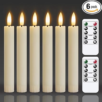 6.4 Inches Plastic LED Taper Candles with Remote and Timer,Ivory Flameless Battery Operated Flickering Candlesticks,Pack of 6 Flameless 0.78” Diameter 3D-Wick Tall Window Candles,Long-Lasting