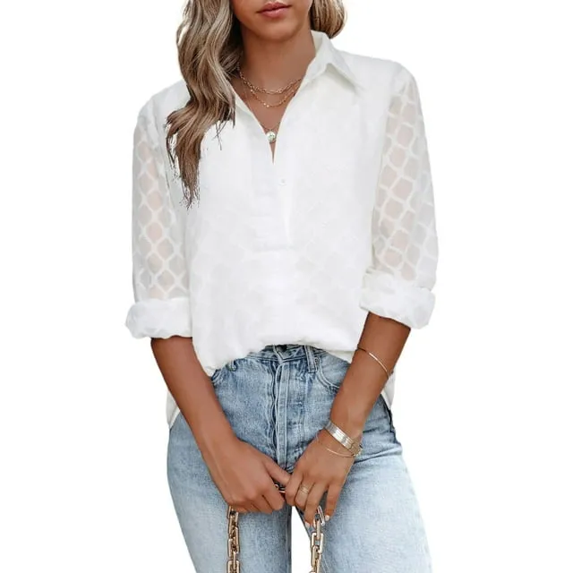 Dokotoo Women's White Blouses Solid Color Button Down Casual Loose Long Sleeve Shirt Tops Size X-Large US 16-18