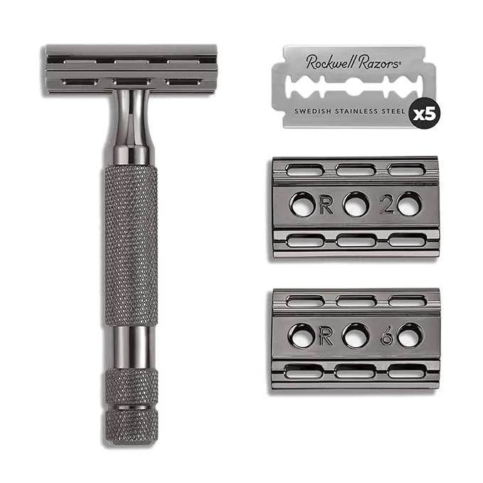 ROCKWELL RAZORS 6C Gunmetal Chrome Double-Edge Safety Razor with 6 Adjustable Shave Settings and 5 Blades