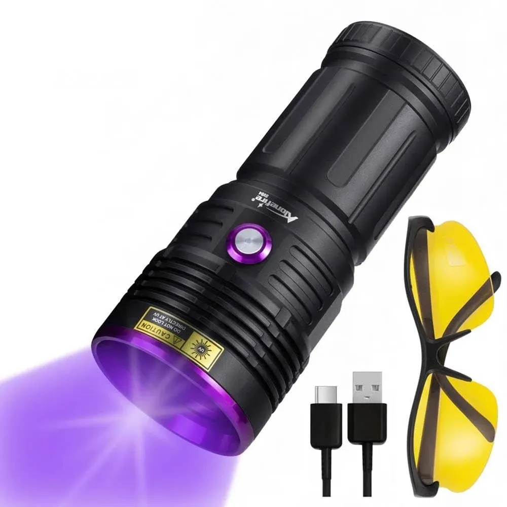 ALONEFIRE SV84 365nm UV Flashlight Strong 45W USB Rechargeable Black Light Money Detector for Resin Curing, Pet Urine, Scorpion, Fishing, Minerals, Cure Glue with UV Protective Glasses, 4PCS Battery