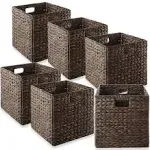 Casafield 12" x 12" Water Hyacinth Storage Baskets, Natural - Set of 6 Collapsible Cube Organizers, Woven Bins for Bathroom, Bedroom, Laundry,