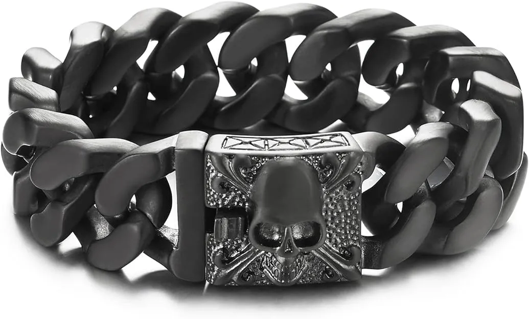 COOLSTEELANDBEYOND Mens Large Vintage Brushed Finishing Steel Curb Chain Bracelet with Fleur De Lis and Skull