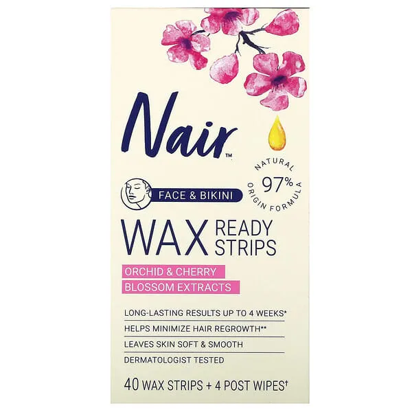 Nair, Wax Ready Strips, Face & Bikini, Orchid & Cherry Blossom Extracts, 40 Wax Strips + 4 Post Wipes