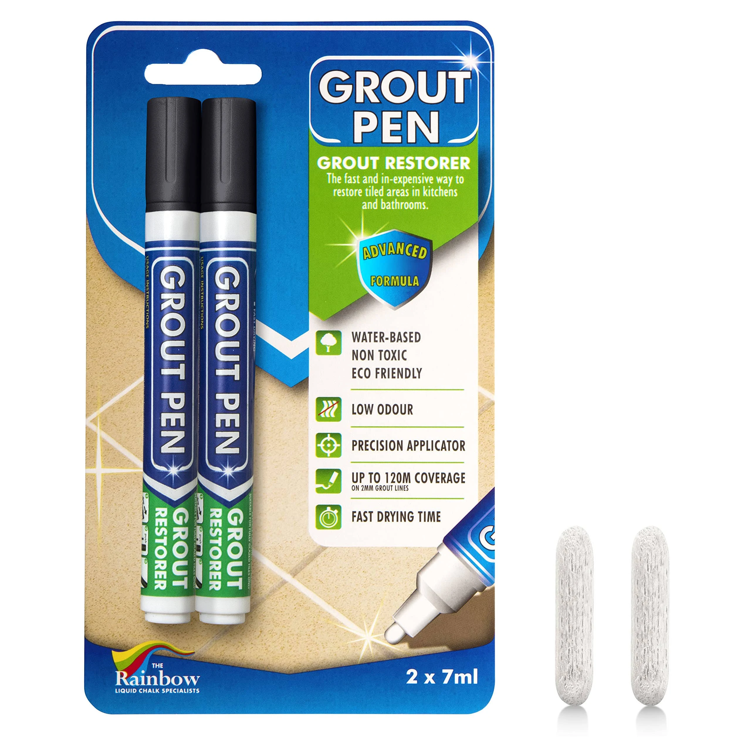 Grout Pen White Tile Grout Paint Marker: Waterproof Tile Grout Colorant and Sealer Pen for Cleaner Looking Floors & Whitener Without Bleach - Narrow 5mm, 2 Pack with Extra Tips (7mL) - White