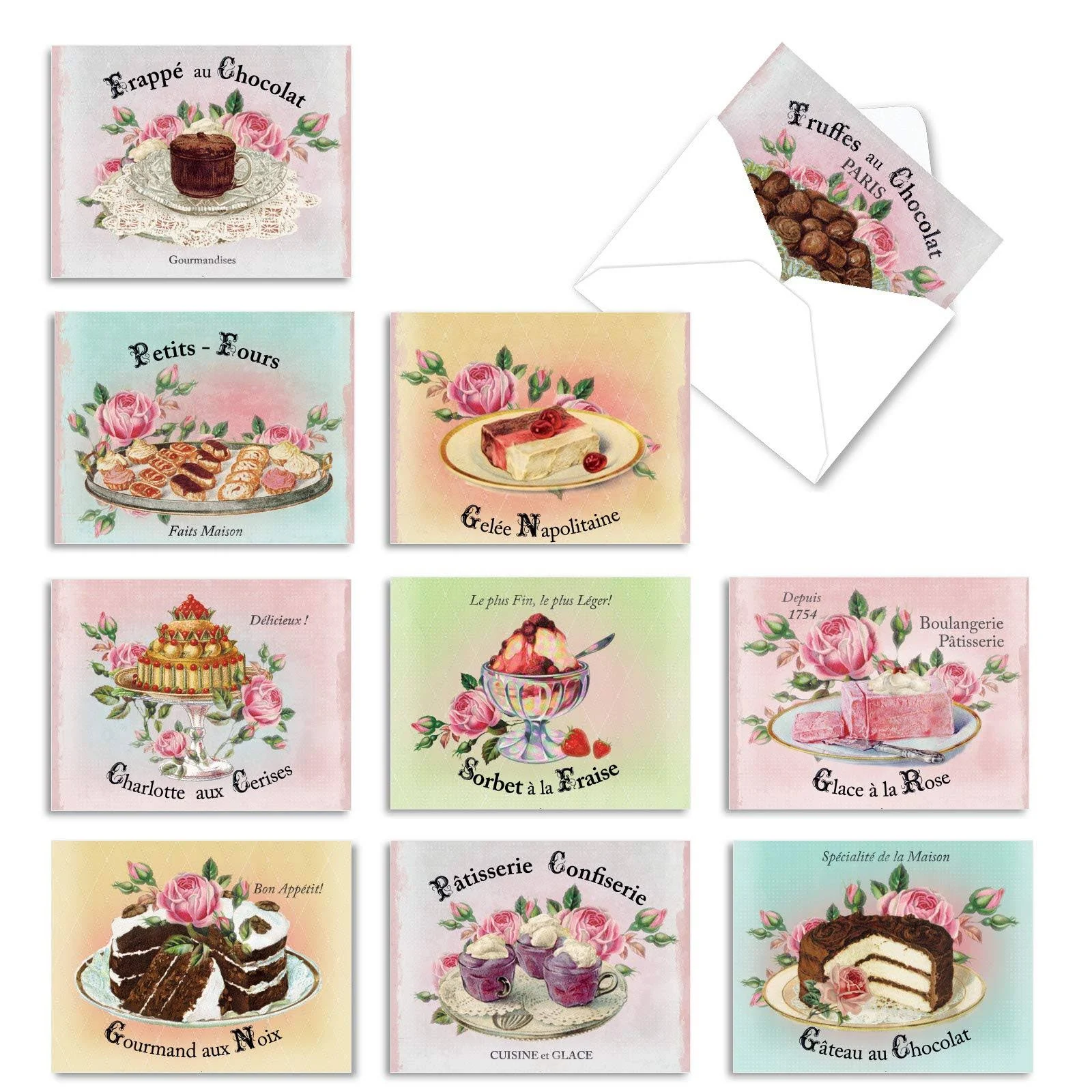 10 All Occasion Blank Note Cards Assorted (4 x 5.12 Inch) - French Treats M4213OCB-B1x10