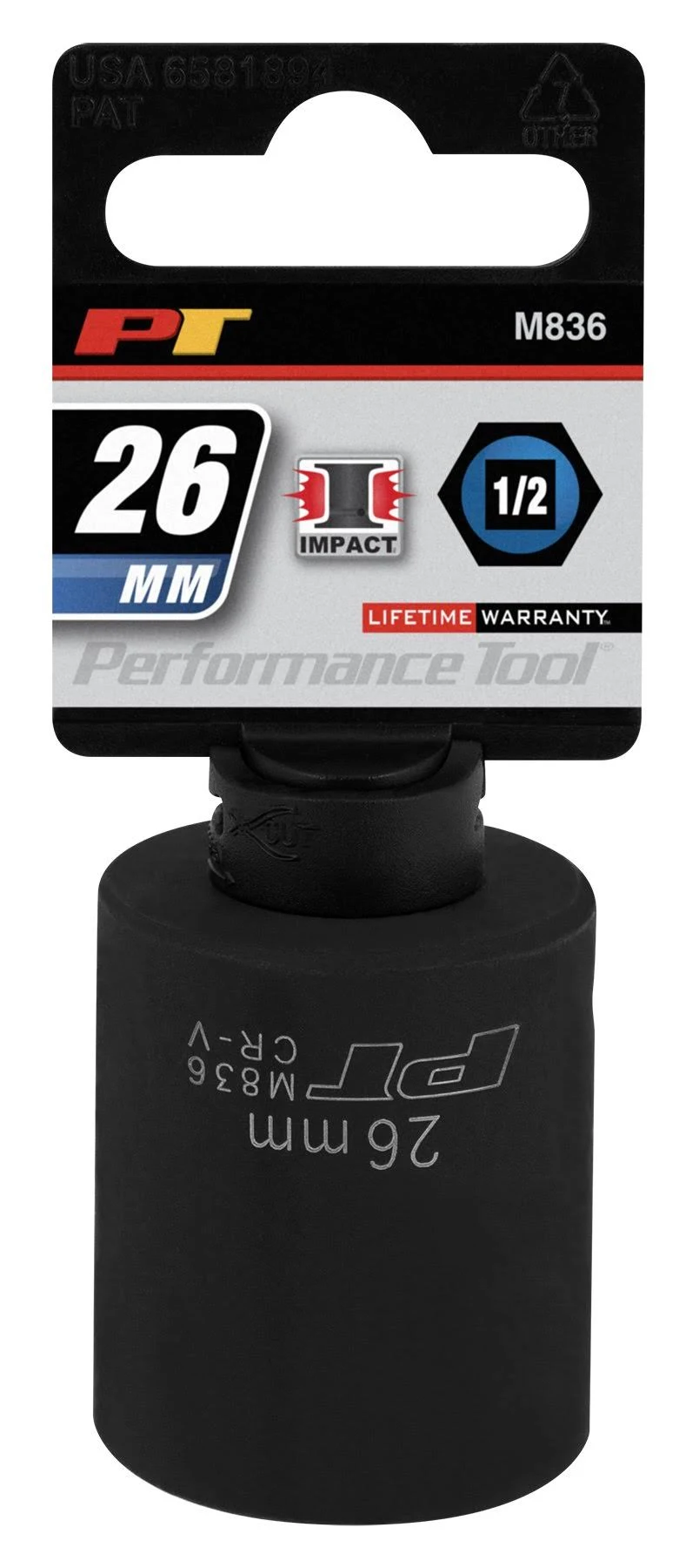 Performance Tool M836 1/2 Drive 26mm 6Point Impact Socket, 1 Pack