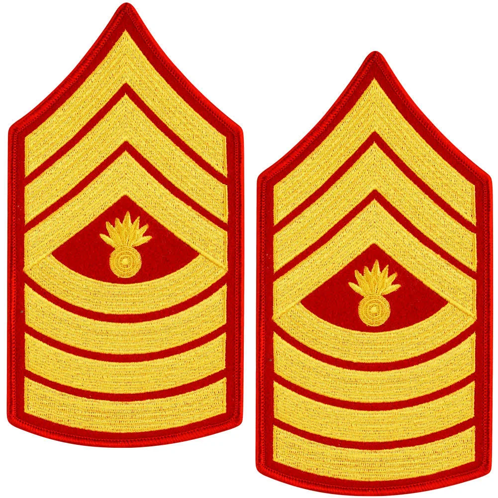 USMC Chevron Gold Embroidered on Red MGYSGT Master Gunnery Sergeant Male Sew On