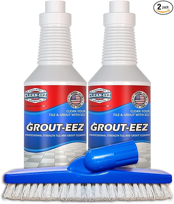 Clean-eez Grout Cleaner 2 Pack with Free Stand-Up Brush - Stain Remover Heavy-Duty Scrubber - Bathroom Shower Ceramic Porcelain - Easy Control Flip Top Cap - 32 oz.