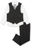 Van Heusen Boys 4-Piece Formal Suit Set, Vest, Pants, Collared Dress Shirt, and Tie, BlackRed Stripe, 6