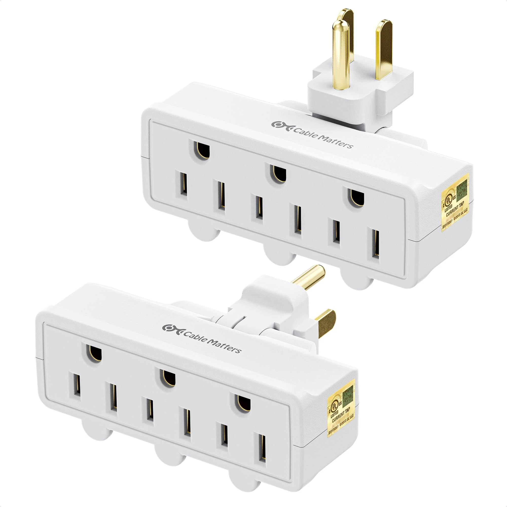 3 Outlet Wall Adapter, VSEER ETL Listed 3-Prong Grounded 180 2 Pack, White 