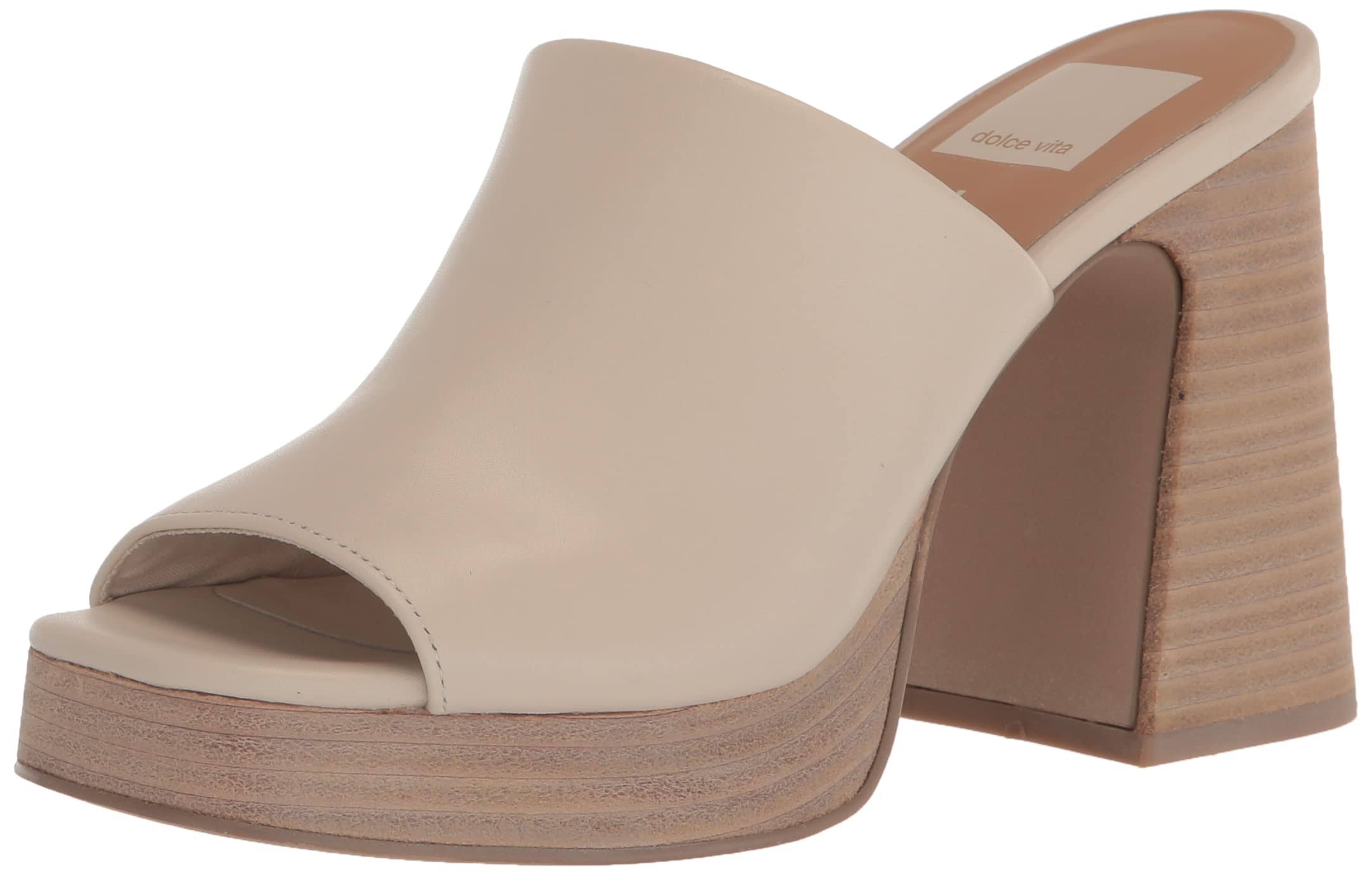 Dolce Vita Lukas Ivory Leather Peep Toe Slip On Stacked Block Heeled Sandals