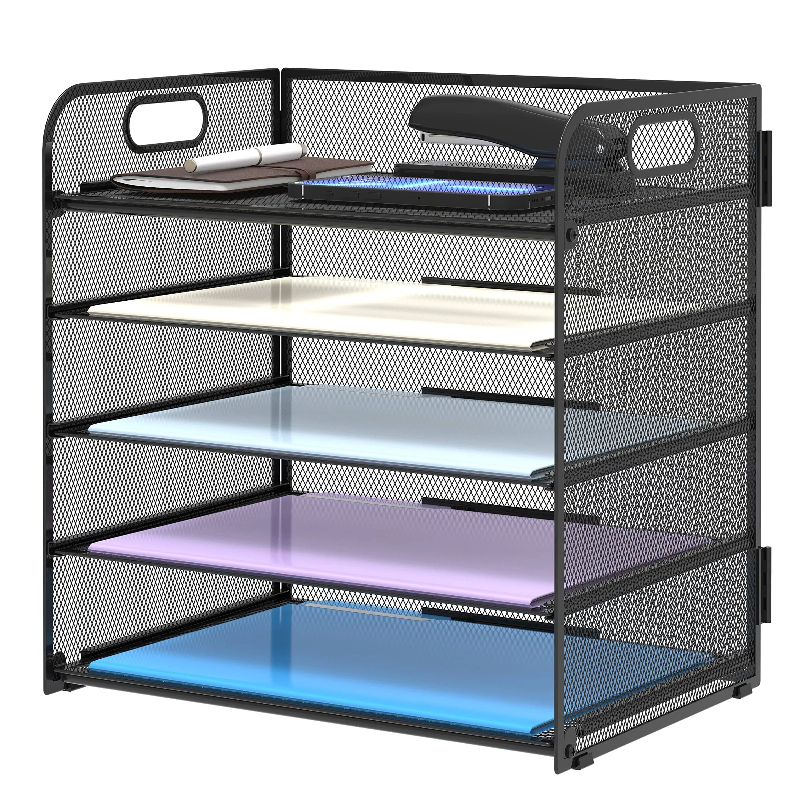 1pc 5-Trays Storage Rack With Handle, Desktop File Organizer Mesh Box, Letter Organizer, Black Document Sorter For Office, Home And School, Office Supplies