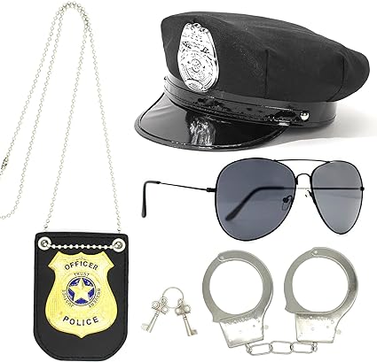 Police Accessories Kit - Pretend Play Detective Role Costume Set With Hat, Handcuffs, Sunglasses, Badge for Kids