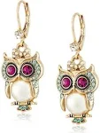 Betsey Johnson Faux Pearl Owl Drop Earrings - Gold