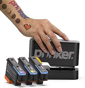 Prinker S Temporary Tattoo Device Package for Your Instant Custom Temporary Tattoos with Premium Cosmetic Full Color + Black Ink - Compatible w/iOS & Android devices