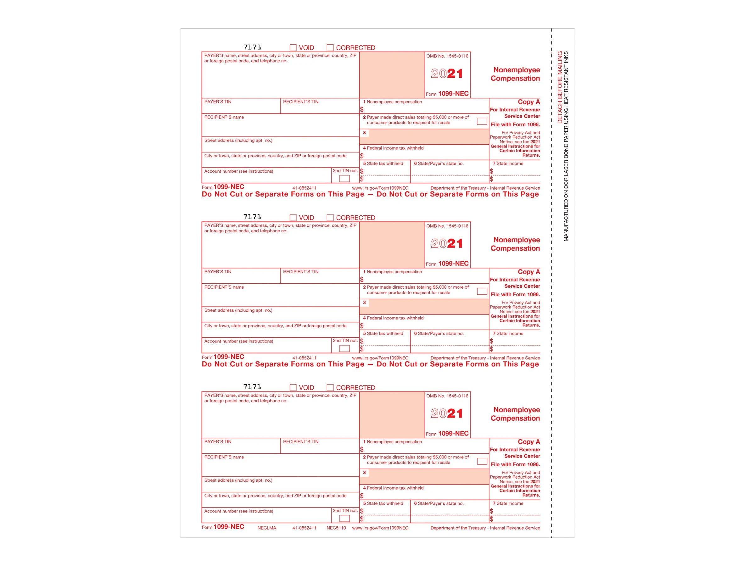 ComplyRight 1099-NEC Tax Forms, Federal Copy A, 3-Up, Laser, 8-1/2" x 11", Pack Of 150 Forms