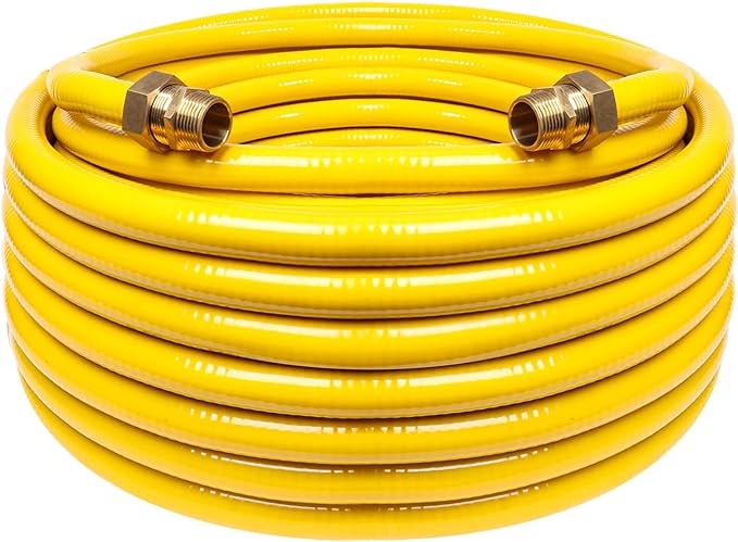 Grehitk 70ft 1/2'' Flexible Gas Line, CSST Corrugated Stainless Steel Tubing Pipe Kit, Natural Gas Line Propane Pipe Conversion Kit Grill Hose with 2 Male Adapter Fittings (70ft 1/2'')