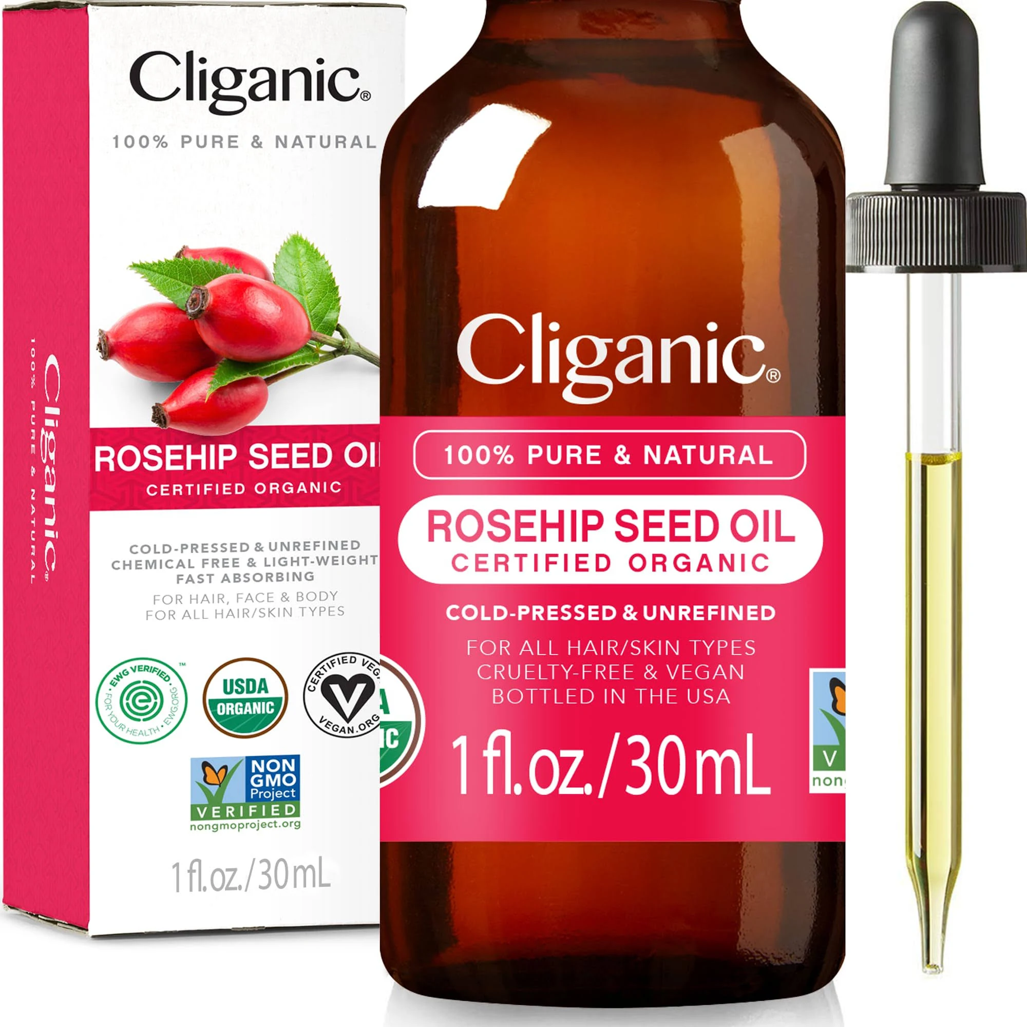 USDA Organic Rosehip Oil for Face, 100% Pure | Natural Cold Pressed Unrefined, Carrier Seed Oil for Skin, Hair & Nails | Certified Organic (30ml) | Cliganic 90 Days Warranty 30 ml (Pack of 1)