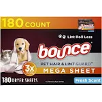 Bounce Pet Hair and Lint Guard Mega Dryer Sheets with 3X Pet Hair Fighters, Fresh Scent, 180 Count