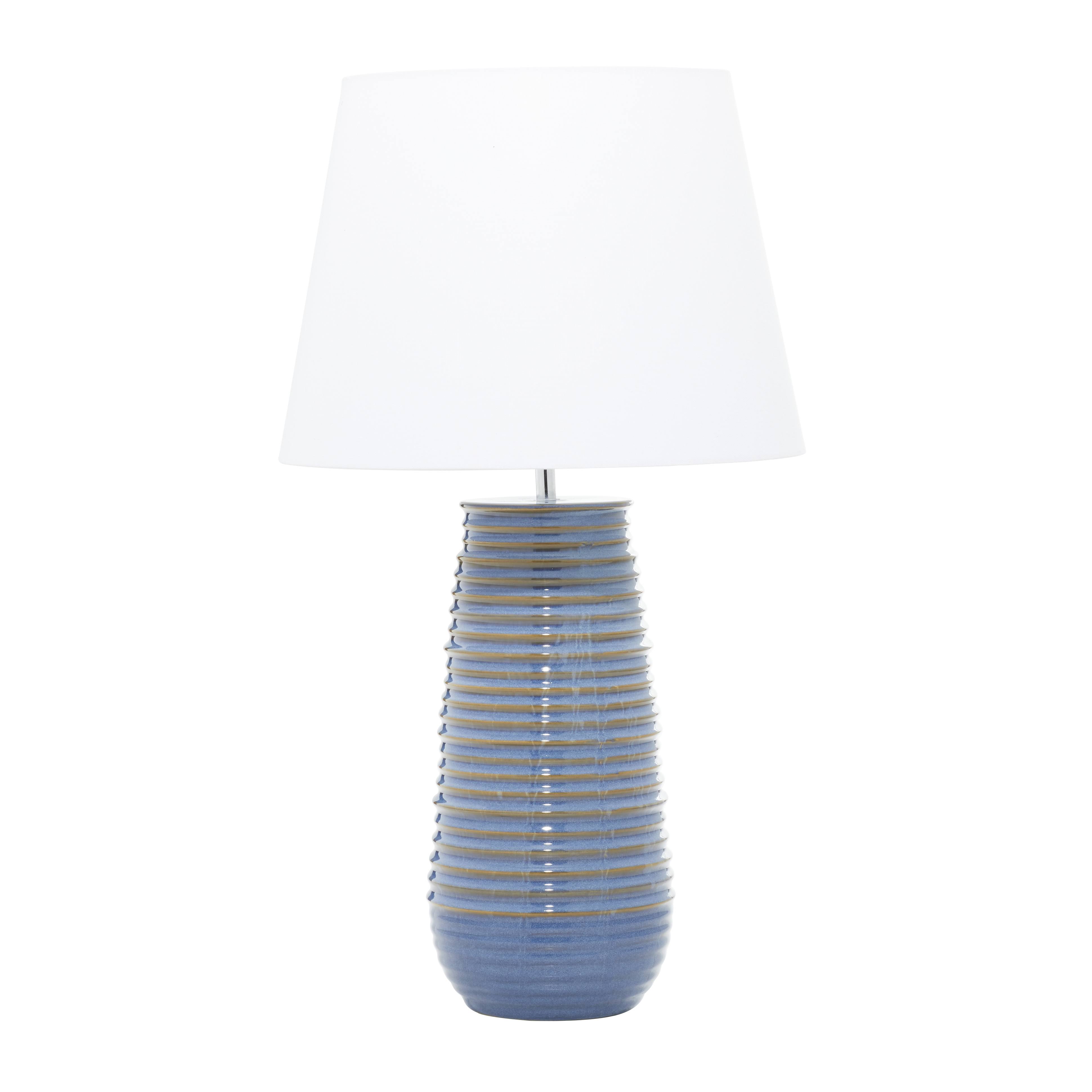 28 in. Blue Ceramic Ribbed Task and Reading Table Lamp with Drum Shade