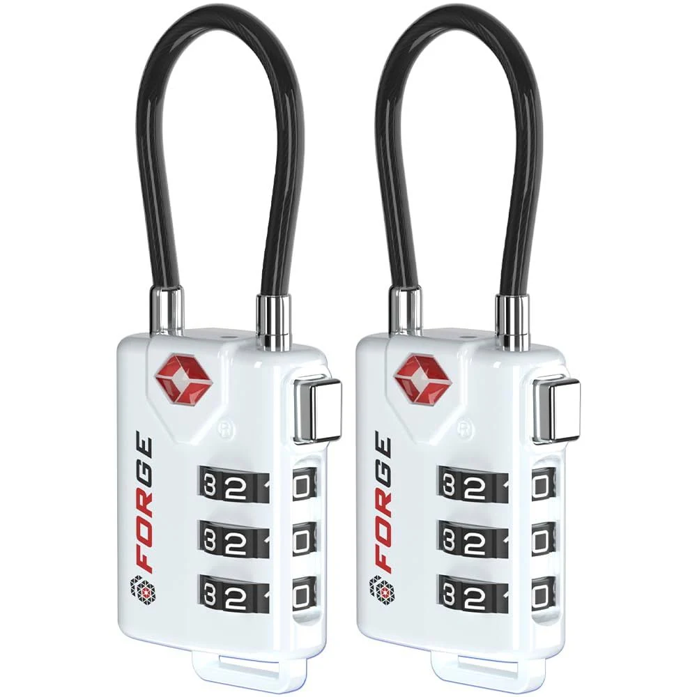 Forge TSA Approved Cable Luggage Locks, Re-settable Combination with Alloy Body(White 2 Locks)