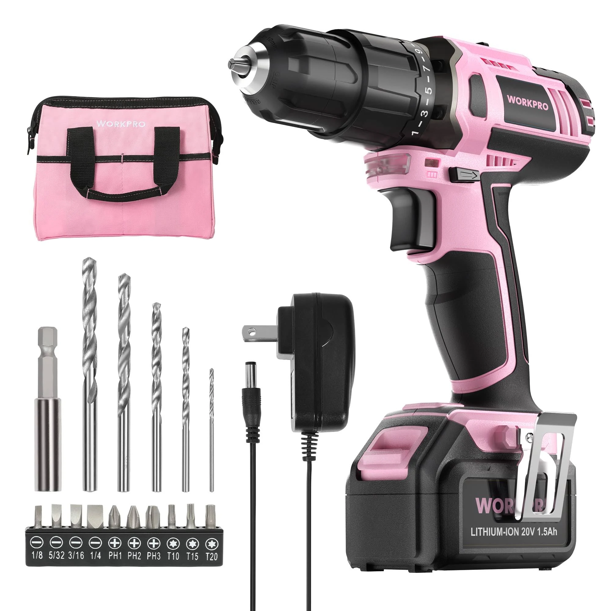 Cordless Drill 20V Drill Driver Set with 1 Battery, Charger, Storage Bag Pink