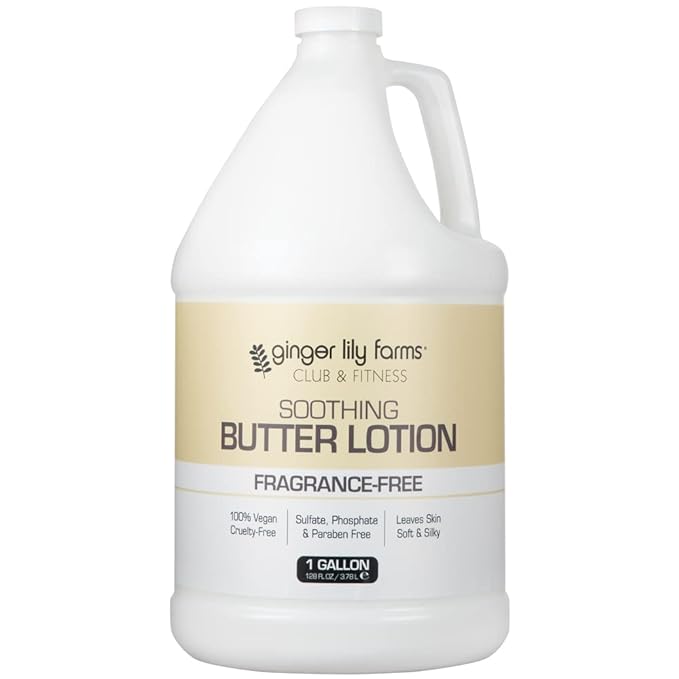 Ginger Lily Farms Club & Fitness Soothing Butter Lotion for Dry Skin, 100% Vegan & Cruelty-Free, Fragrance Free, 1 Gallon (128 fl oz) Refill