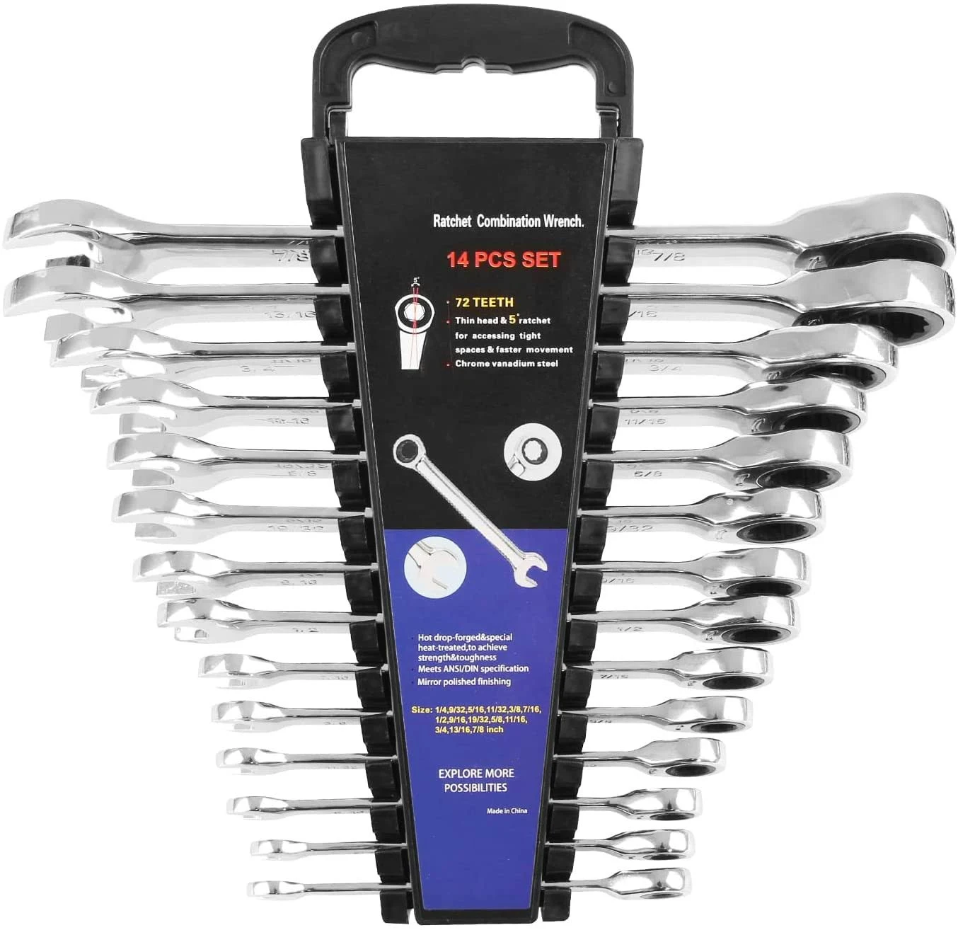 14-Piece Ratcheting Wrench Set, SAE 1/4”-7/8”, Chrome Vanadium Steel Flex Head