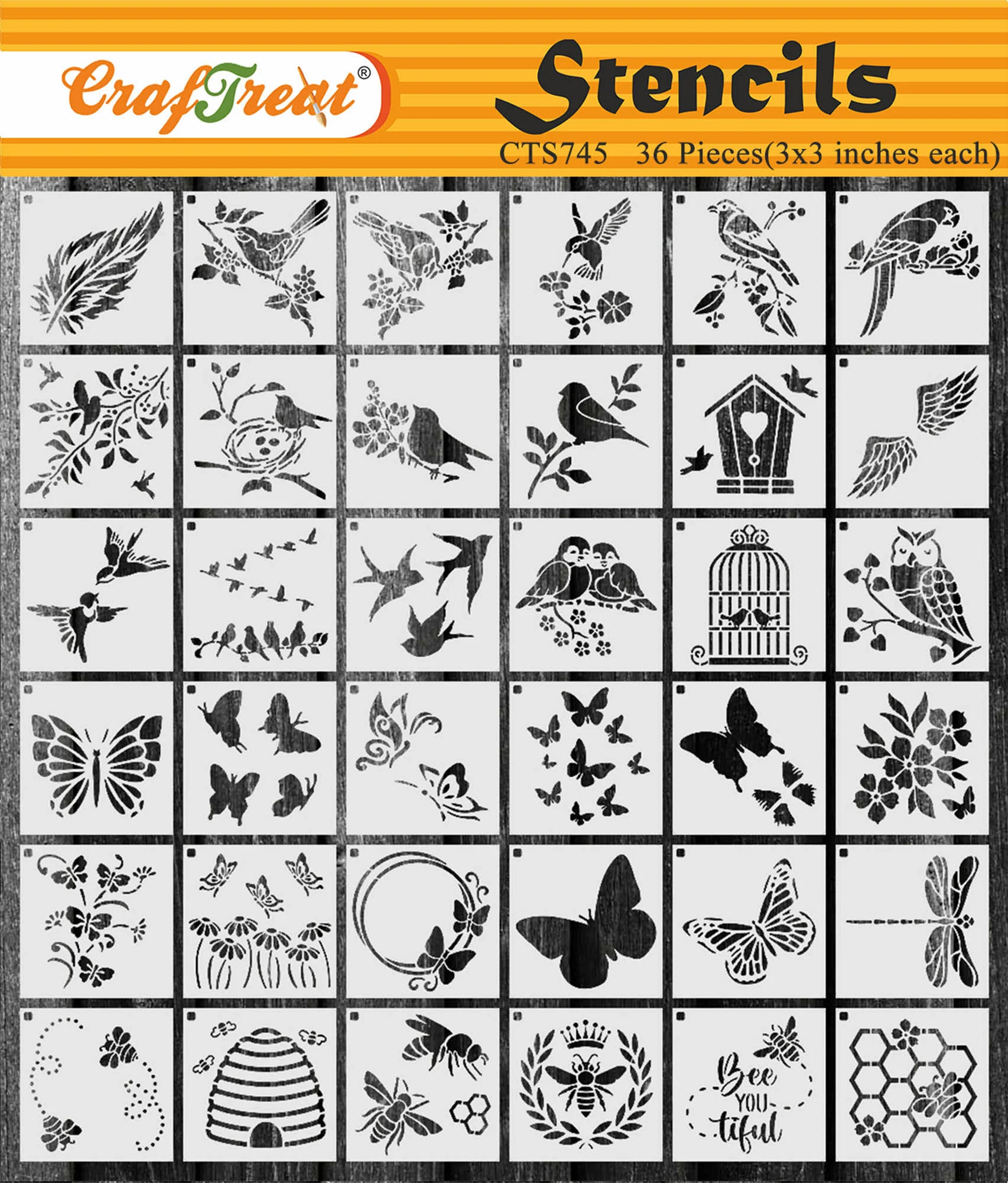 CrafTreat Reusable 36 Pieces Butterfly Stencils for Painting (3x3), Stencils for Crafts, Beautiful Design Stencils for Painting on Wood, Clothes, Wall, Furniture, Home Décor