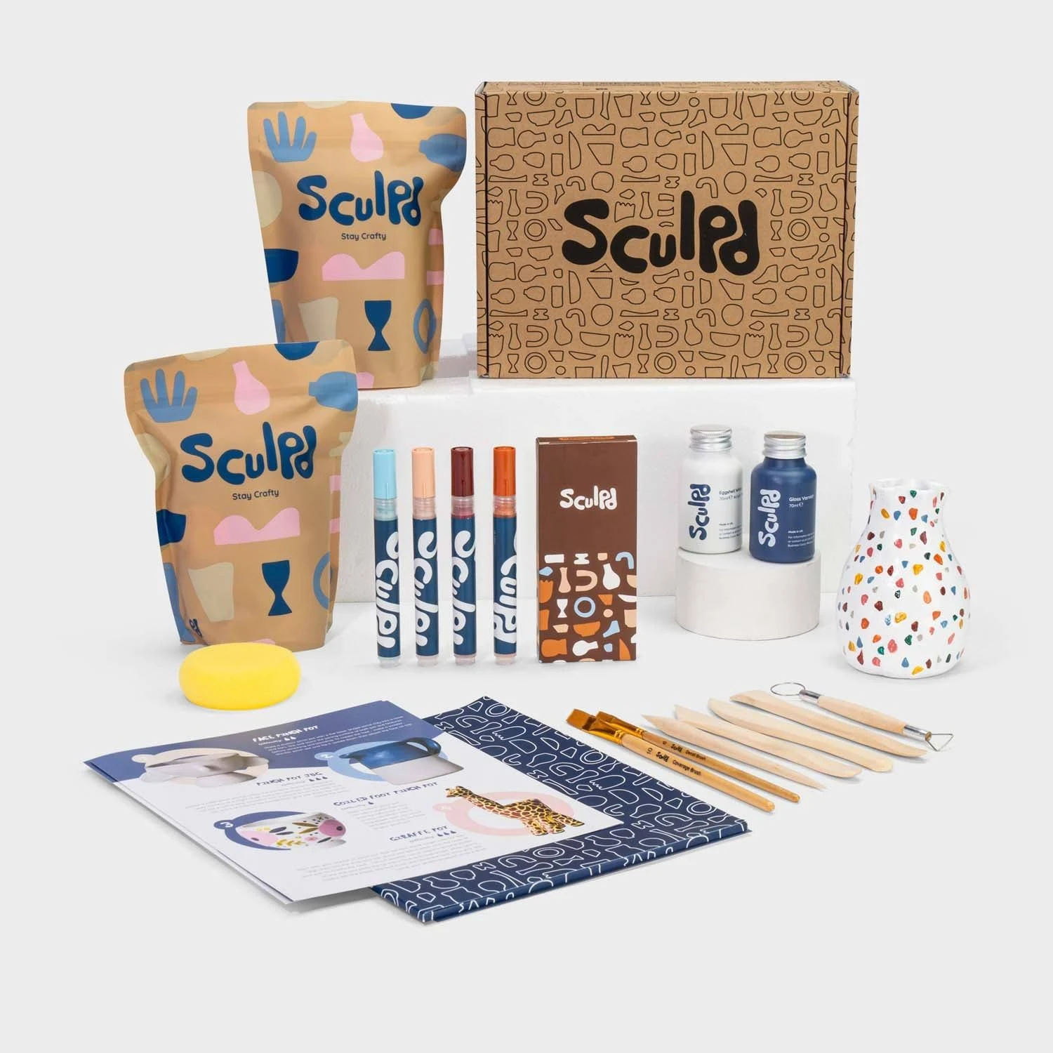 Sculpd Pottery Starter Kit - Complete Air Dry Clay + Painting Beginner Set for 2 Adults: Includes Sculpting Tools, Acrylic Paint, Brushes, Easy Guide, Video Tutorial & More - Date Night Crafts Gift